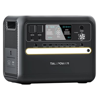 TALLPOWER V2400 hordozható erőmű, 2160Wh LiFePO4 napelem generátor, 2400W AC kimenet, PD 100W USB-C, UPS, LED, 13 csatlakozó