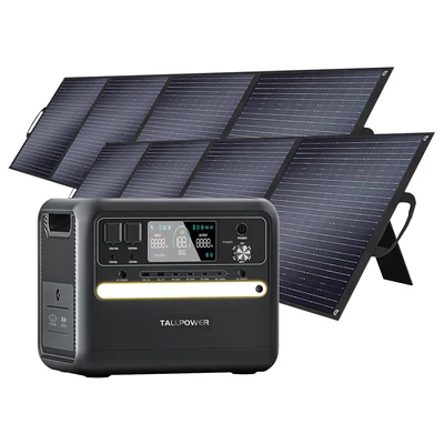 TALLPOWER V2400 hordozható erőmű + 2×200W napelemtábla, 2160Wh LiFePO4 generátor, 2400W AC, PD100W, UPS, LED, 13 kimenet