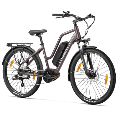 Touroll MA2 elektromos kerékpár, 250W középmotor, 36V 13Ah akkumulátor, 27.5” gumi, 25 km/h, 100 km hatótáv, hidraulikus tárcsafék, 7 sebesség - barna