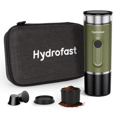 Hydrofast PO-100 hordozható eszpresszó készítő, 20 bar nyomás, kapszulás és őrölt kávéhoz, vezeték nélküli, kompakt utazáshoz