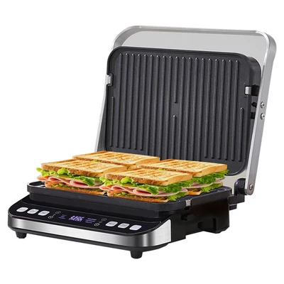 BioloMix BCG02D 2000W elektromos kontakt grill, füstmentes, kivehető dupla lapokkal, LCD kijelzővel és digitális vezérléssel, 180°-ban nyitható