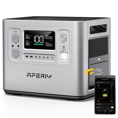 AFERIY P210 hordozható erőmű, 2400W AC, 2048Wh LiFePO4 akkumulátor, 13 kimenet, gyors töltés, 500W napelem, app vezérlés