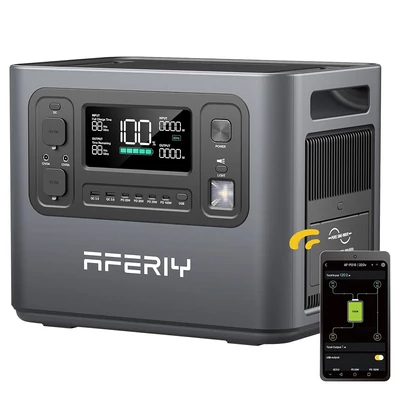 AFERIY P210 hordozható erőmű, 2400W AC kimenet, 2048Wh LiFePO4 akkumulátor, 13 csatlakozó, gyors töltés, napelem és app vezérlés