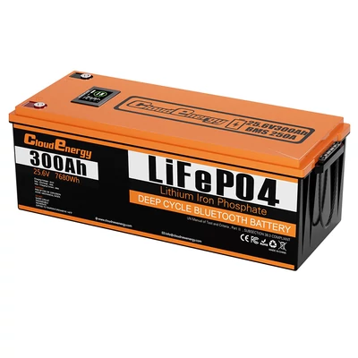 Cloudenergy 24V 300Ah LiFePO4 akkumulátor, 7680Wh, 6000+ ciklus, beépített 200A BMS, LCD, soros/párhuzamos, lakóautóhoz, csónakhoz, napelemhez, off-grid