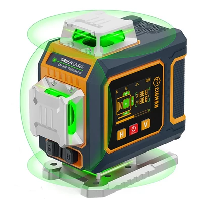 CIGMAN CM-S04 16 vonalas lézeres szintező: 4x360° zöld fény, LCD kijelző, ±1.5mm pontosság, App/távirányító, IP54, 2 db akkumulátor