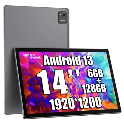MESWAO B2 tablet 14” 1920×1200 IPS kijelzővel, 6GB RAM, 128GB tárhely, Android 13, Wi‑Fi 5, BT 5.0, 10000mAh, 32+5MP, 4 hangszóró - szürke