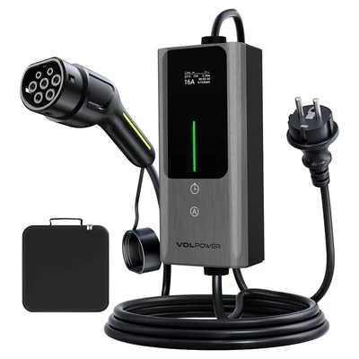 VDL POWER EC12 hordozható EV töltő Type 2 csatlakozóval, 3,6 kW gyorstöltés, 6–16 A állítható, IP65, LED kijelző