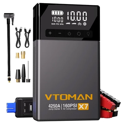 VTOMAN X7 autó bikázó/indító powerbank légkompresszorral, 4250A, 12V (max 10L benzin/10L dízel), 160 PSI, 5,1" kijelző, 88,8Wh