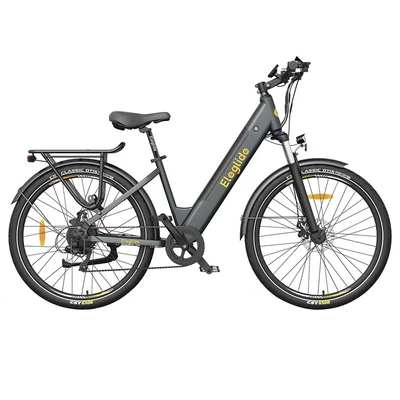 Eleglide T1 Step-Thru elektromos trekking kerékpár 27,5" gumik, 36V 13Ah akku, 250W motor, 25 km/h, Shimano 7, 100 km, IPX4, 120 kg, tárcsafék, szürke
