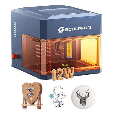 SCULPFUN iCube Ultra 12W lézergravírozó – zárt (Class 1) ház, autofókusz, 0,08 mm pont, 150×150 mm munkaterület, füstszűrő, fa/bőr/bambusz