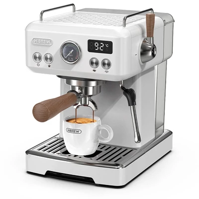 HiBREW H10 Plus eszpresszó kávégép 20 bar nyomással, félautomata, gyors fűtés, hőfokszabályzás, gőzölő tejhabosító, kompakt inox (latte art csésze nélkül)