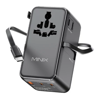 MINIX TP100C univerzális utazó adapter 63 cm kihúzható USB‑C kábellel