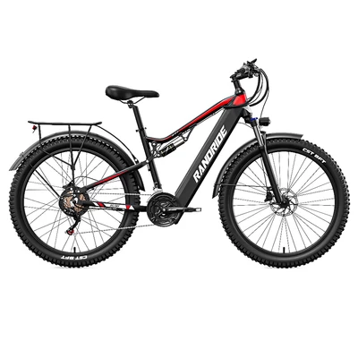 RANDRIDE YG90B elektromos kerékpár 1000W, 45 km/h, 48V 17Ah kivehető akkumulátor, 80–90 km hatótáv, Shimano 21, hidraulikus fék, fekete-piros