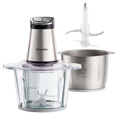 BioloMix mini elektromos ételaprító, 300W erős motor, 3L dupla tál, LED időzítő, rozsdamentes acél & üveg, mosogatógéppel tisztítható, többfunkciós húsdaráló & pürésítő