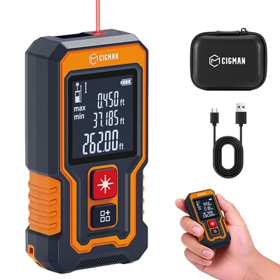 CIGMAN CD-80T zsebméretű lézeres távolságmérő – 80m, ±2mm pontosság, IP54 vízálló, 20 adatcsoport, Type-C tölthető lézeres mérőszalag