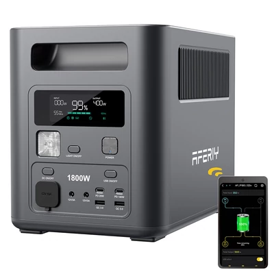 AFERIY Nomad1800 hordozható erőmű – 1024Wh LiFePO4 akkumulátor, 1800W tiszta szinusz, <10 ms UPS, 9 kimenet, 140W USB‑C PD, gyors dupla töltés