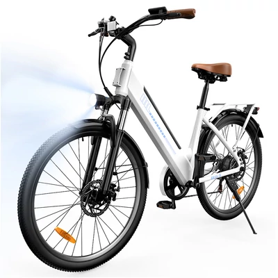 UcityS elektromos kerékpár, 250W motorral, 36V 13Ah akkuval, 90 km hatótávval, 25 km/h, 26” vastag gumi, első rugózás, tárcsafék, app vezérlés – Fehér