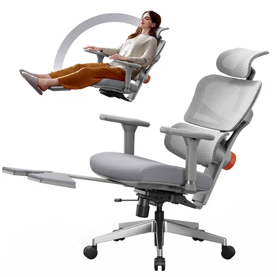NEWTRAL NT002 ergonomikus irodai szék lábtartóval, fejtámlával, adaptív deréktámasszal és 4D kartámasszal – Szürke