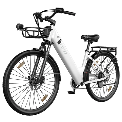 PIXAR C1 PRO városi elektromos kerékpár, 250W motor, 36V 18Ah akku, 80–100 km hatótáv, 25 km/h, Shimano 7 fokozat, hidraulikus fék, kosárral – Fehér