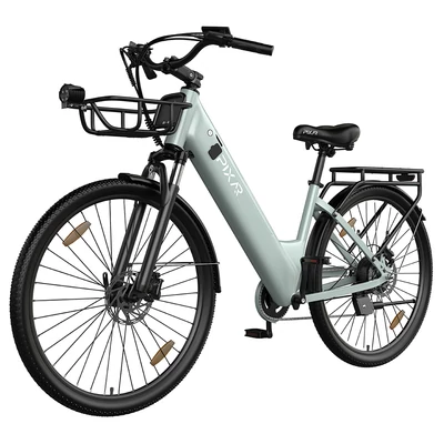 PIXAR C1 PRO városi elektromos kerékpár, 250W motor, 36V 18Ah akku, 80–100 km hatótáv, 25 km/h, Shimano 7 fokozat, hidraulikus fék, kosárral – Zöld