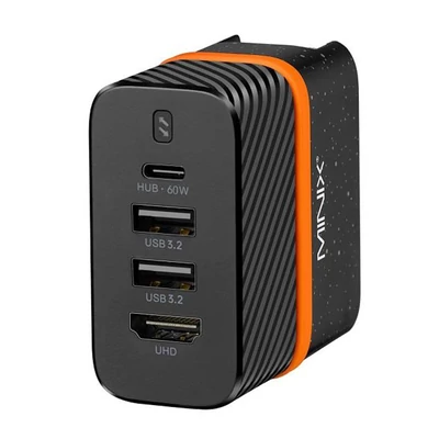 Minix P4K fali töltő és hub, 2×USB 3.2, 4K@30Hz UHD port, PD60W Type‑C gyorstöltés