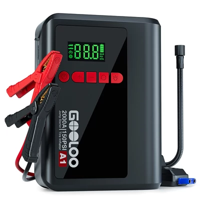 GOOLOO A1 2000A 12V indítóakkumulátor 150PSI kompresszorral, 35L/perc légáram, automata leállás, LED lámpa, 7L benzin/5.5L dízelhez