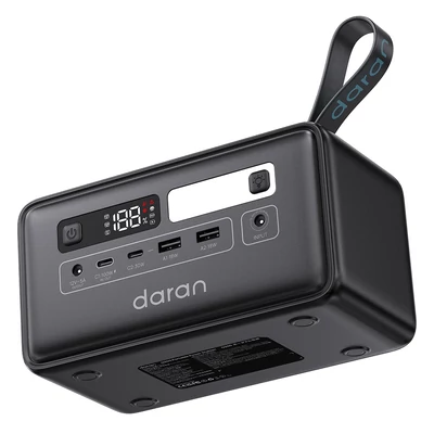 DaranEner Q200 hordozható erőmű, 192Wh LiFePO4 akkumulátor, 100W USB‑C, 18W USB‑A, 60W DC, napelemes bemenet, LED lámpa kempinghez