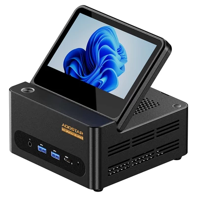 AOOSTAR G‑FLIP mini PC barebone, Ryzen 7 H255, Radeon 780M, DDR5, PCIe 4.0, 5\" 1080p kijelző, USB4, OCuLink, 2.5G LAN