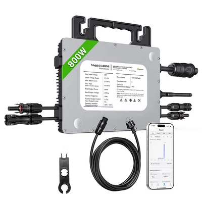 LIONSHEE LS‑800Mi 800W mikroinverter, 2 MPPT, 230V kimenet, 96% hatásfok, IP67 vízálló, Wi‑Fi okos monitorozás