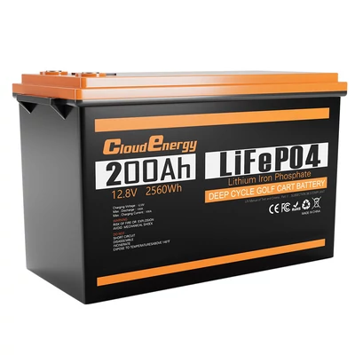 Cloudenergy 12V 200Ah LiFePO4 akkumulátor, 2560Wh tartalék energia, 6000+ ciklus, 100A BMS, soros/párhuzamos, lakókocsihoz, hajóhoz, napelemhez
