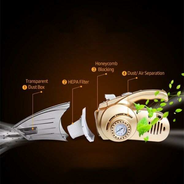 4 az 1-ben multifunkciós autós porszívó hordozható gumiabroncs légszivattyú nyomásérzékelő mérő LED 12V 120W - Arany