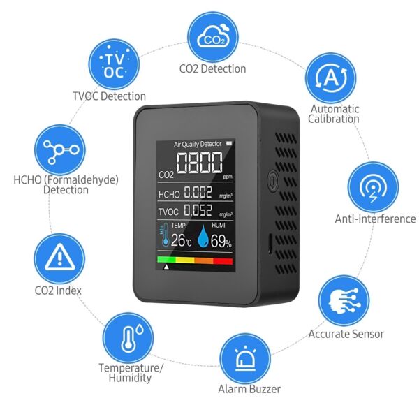 Hordozható 5 az 1-ben Beltéri levegőminőség-figyelő CO2-érzékelő LED KIjelzővel - Fekete