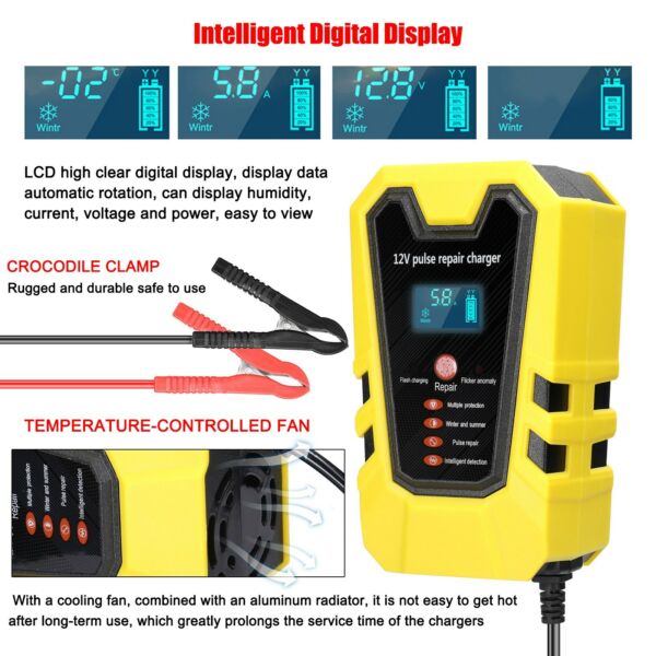 12V 6A Intelligens akkumulátortöltők LCD Kijelzővel - Sárga