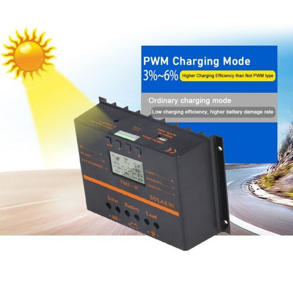 PWM napelemes töltésvezérlő 12V/24V önadaptáló LCD-akkumulátor kisülési szabályozó 5V USB kimeneti hőmérséklet kompenzáció többszörös védelemmel - 80A