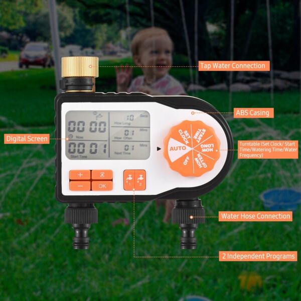 Digitális intelligens programozott öntözési időzítő 2 tömlőcsatlakozós öntözésvezérlővel gyepszőnyeghez, udvari üvegházhoz - Narancs