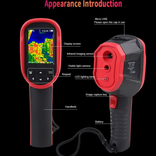 Hordozható infravörös hőkamera, 2,8 hüvelykes TFT-kijelző látható fényfelbontás, tiszta felbontású képalkotó kamera -20 ℃ és 550 ℃ közötti hőmérsékletmérő műszer