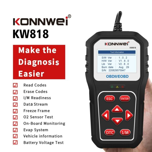 KONNWEI KW818 univerzális autós OBDII szkenner, automatikus kódolvasó - Fekete