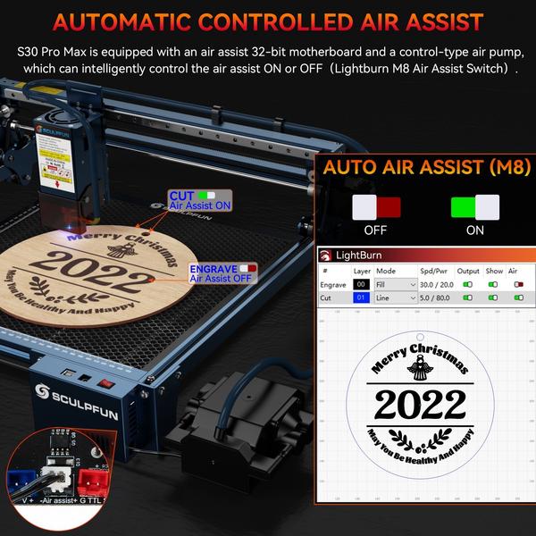 SCULPFUN S30 PRO MAX 20 W lézergravírozó automata levegő-rásegítő rendszerrel