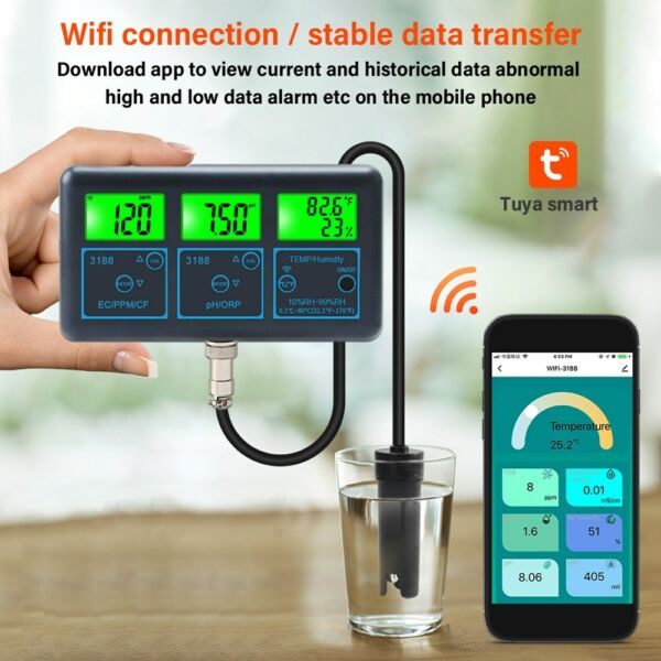 Tuya WiFi 7 az 1-ben többparaméteres vízminőség-elemző PH/ORP/EC/PPM/CF/páratartalom/hőmérséklet mérő