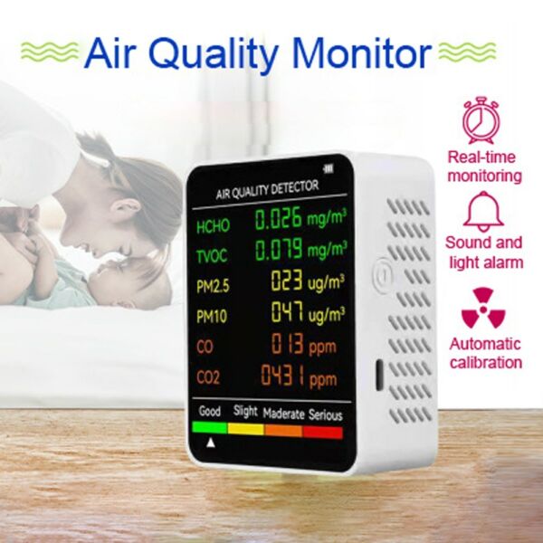 6 az 1-ben PM2.5 PM10 HCHO TVOC CO CO2 többfunkciós levegőminőség érzékelő CO szén-dioxid formaldehid monitor LCD képernyő - Fehér