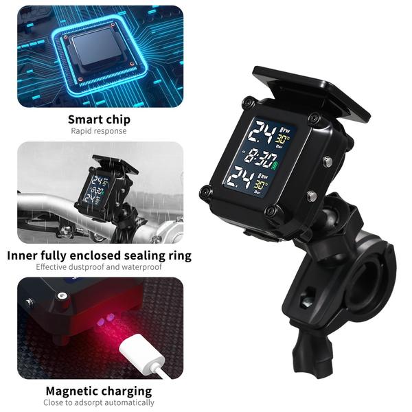 Motorkerékpár napelemes töltő gumiabroncsnyomás-figyelő rendszer gumiabroncs-riasztó színes LCD-képernyővel, 2 külső érzékelővel