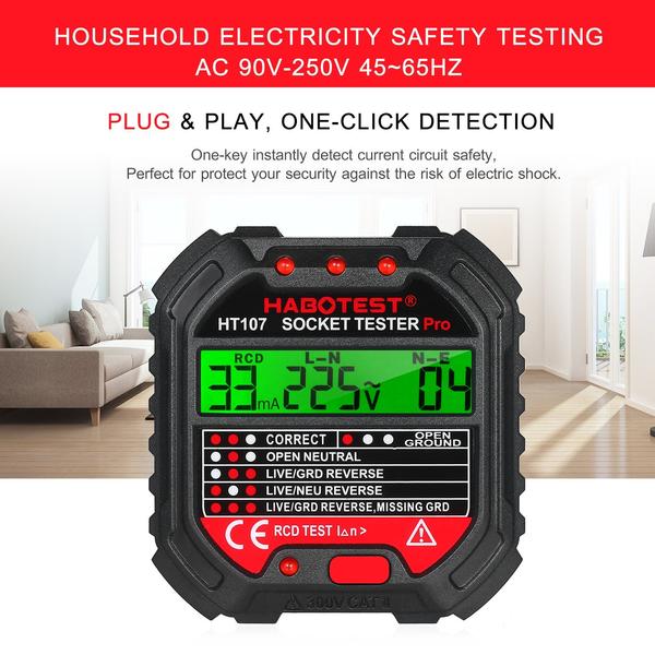 HABOTEST GFCI kimeneti tesztelő feszültség kijelzővel 90-250 V aljzatvizsgáló automata áramköri polaritás érzékelő megszakító kereső HT107D