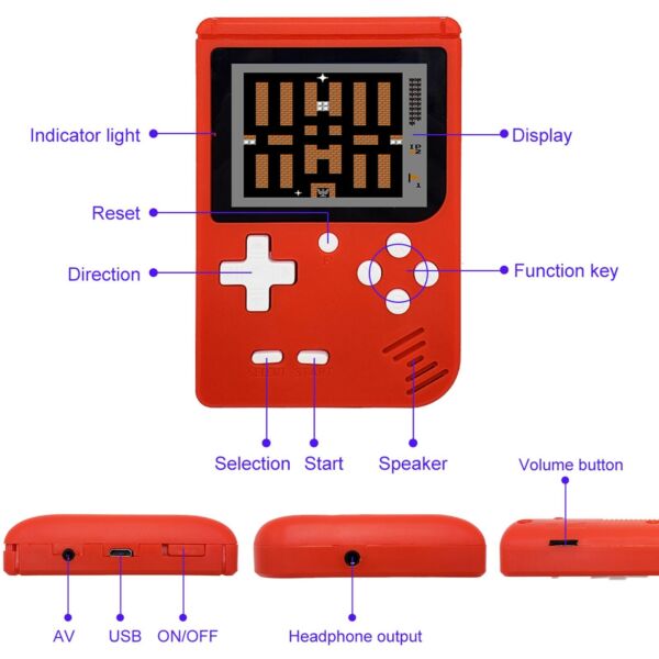 Kézi játékkonzol 3,0 hüvelykes képernyővel, 400 retro játékkal - Piros