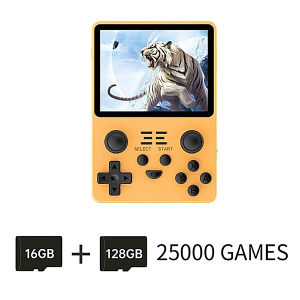Powkiddy RGB20S Retro kézi játékkonzol 3,5 hüvelykes, beépített 2500 játékok 16G+128G TF kártyával - Sárga