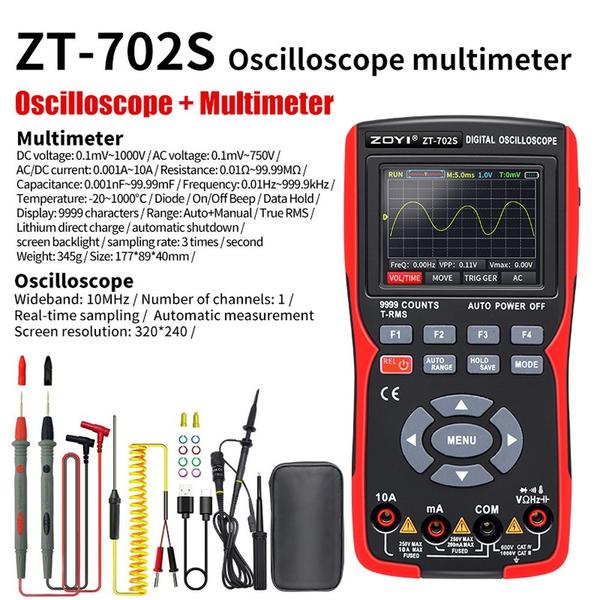 2 az 1-ben digitális oszcilloszkópos multiméter 48 MSa/s mintavételezési sebesség 10 MHz sávszélesség 9999 valós RMS 2,8 hüvelykes IPS színes kijelző