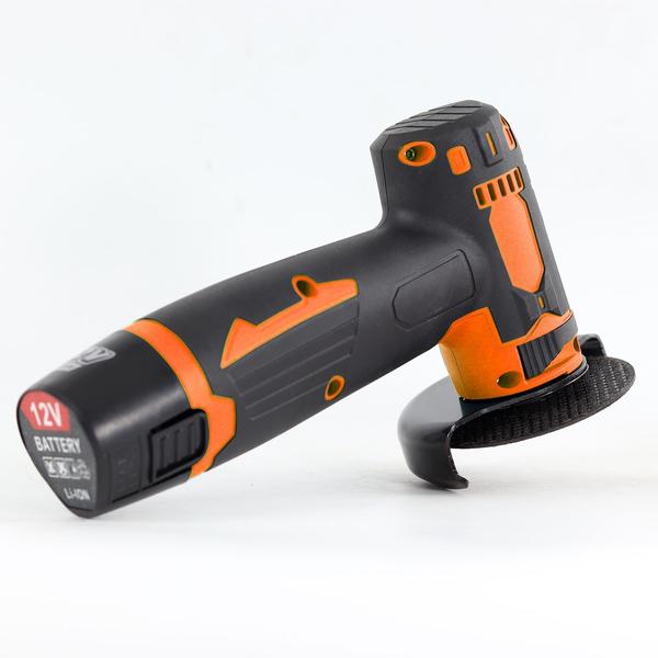 12 V-os vezeték nélküli kefe-sarokcsiszoló készlet, 76 mm-es köszörűtárcsa, 2 db 1300 mAh lítium-ion akkumulátorral és töltővel - Narancs