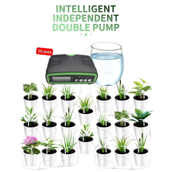 Automatikus dupla szivattyús öntözőrendszer 30 napos programozható vízidőzítő 20 cserepes növény számára LCD képernyővel, 49,2 láb csővel - Fekete