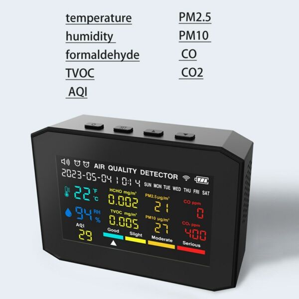 9 az 1-ben hordozható levegőminőség-mérő PM2.5 PM10 CO CO2 TVOC HCHO AQI hőmérséklet- és páratartalom-mérő - Fehér