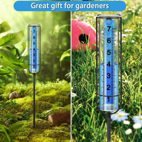 7 hüvelykes, üvegcsöves kerti esőmérő fém kerettel, stílusos díszítéssel a kerti pázsithoz