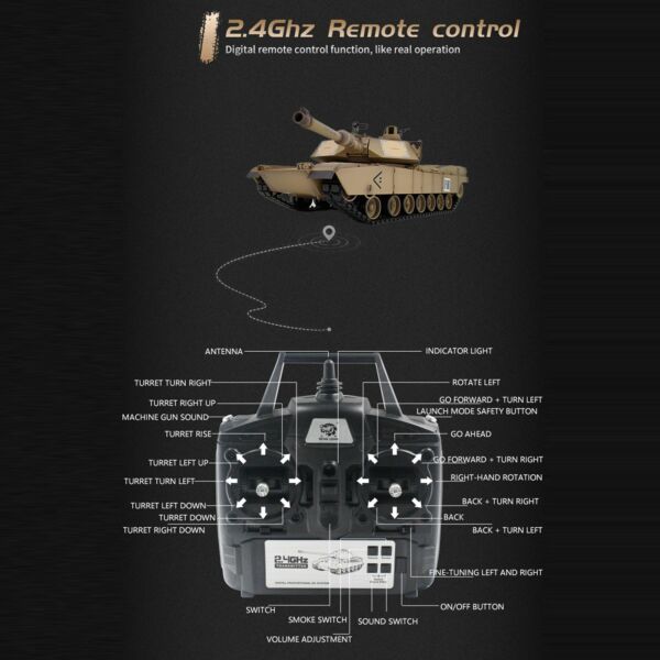 1/16 2,4 GHz-es katonai harckocsi távirányítós jármű füst hang mozgás effektussal - Sárga